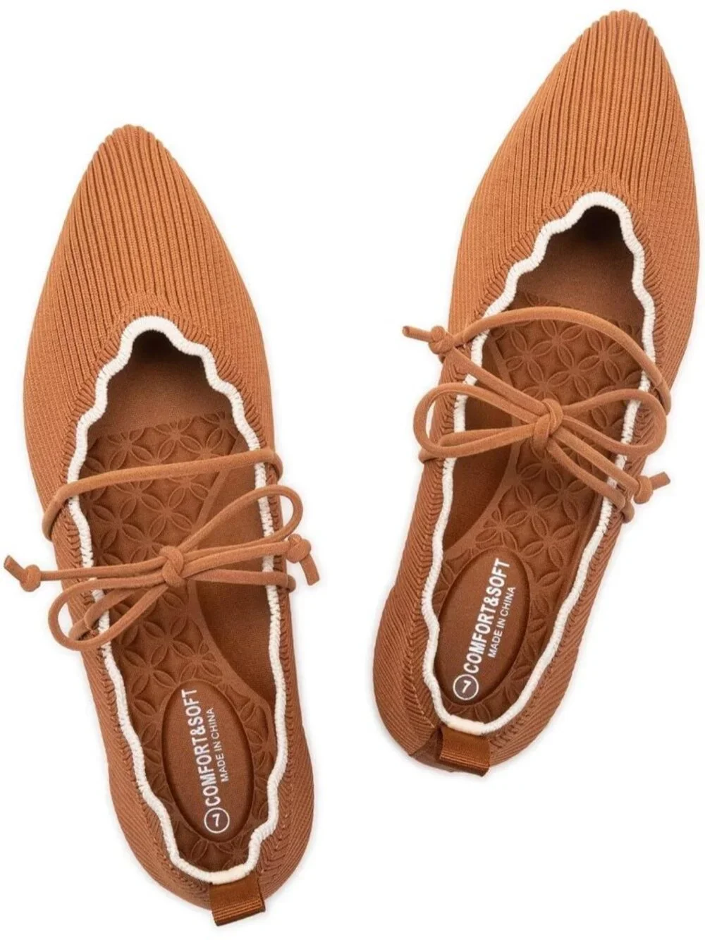 Women's Tan Rubber Knitted Slip On Pointed Toe with Ruffled Vamp Elastic Flats